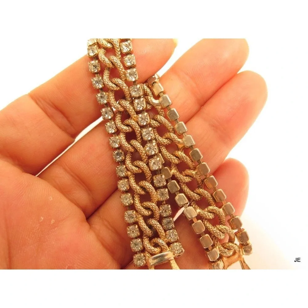 Triple‎ Row Vintage Clear Rhinestone Gold Plated Chain Link Center Bracelet*A717